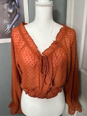 Women's Rust Orange Swiss Dot Peasant Blouse with Ruffle Trim